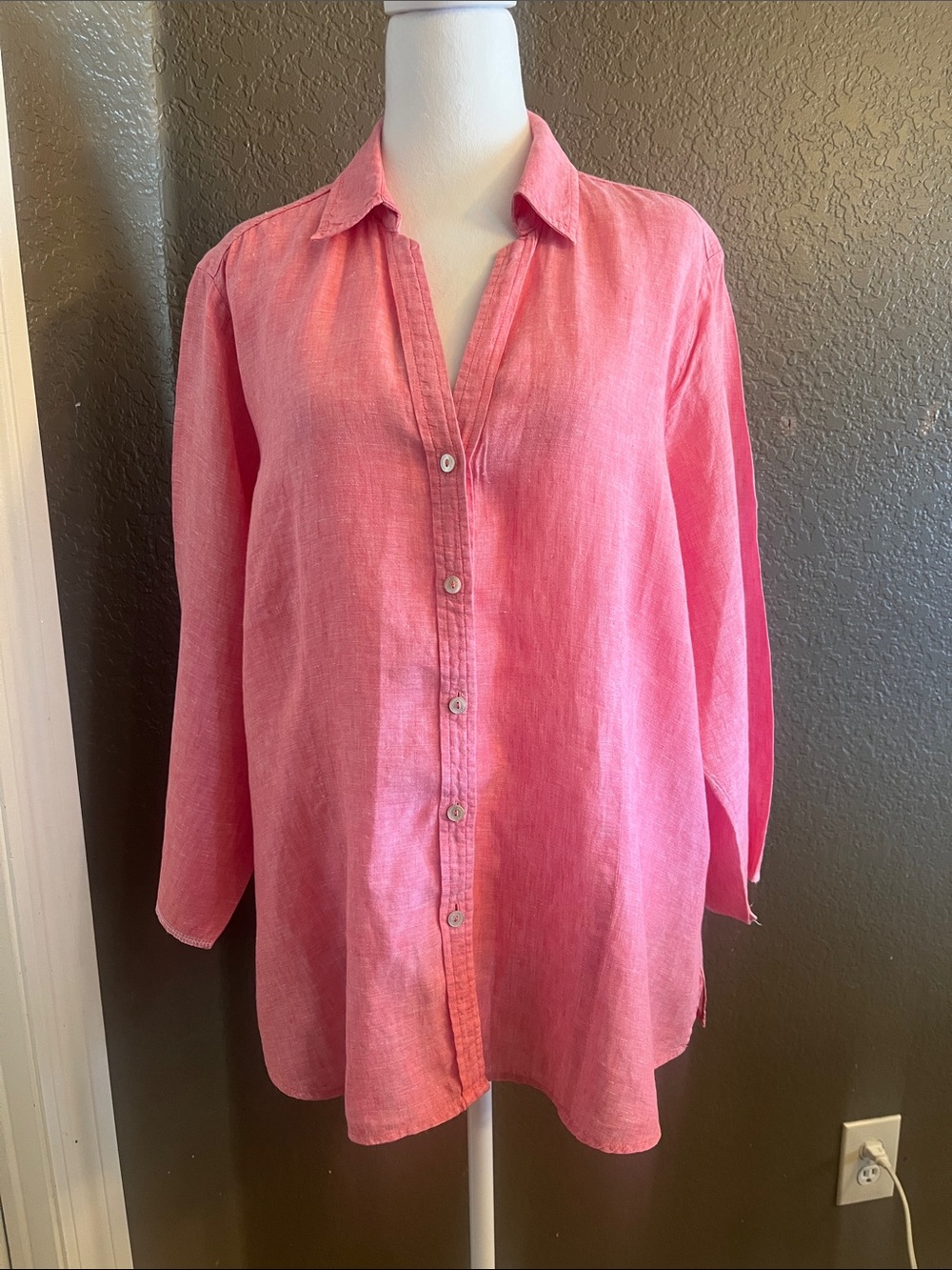Foxcroft Coral Pink Linen Button-Down Shirt